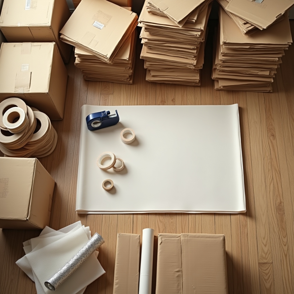 Packing supplies including boxes, tape, and packing paper arranged before a move